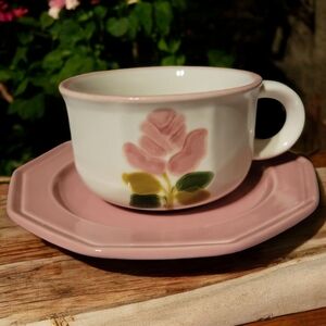 Vtg 70's SIC Porcelain Coffee Tea White Rose Cup Pink Decagon Saucer Italy